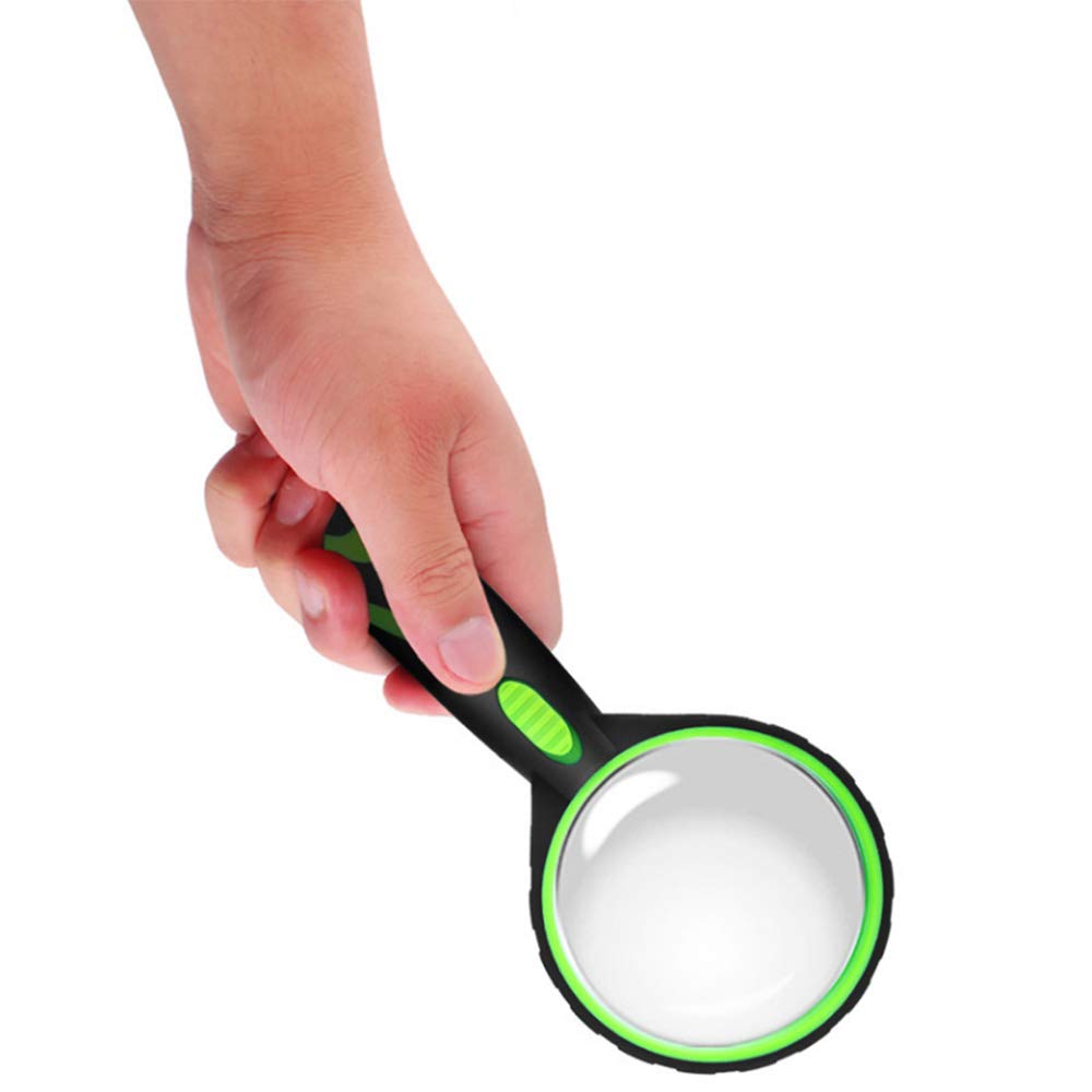 Lupa de Mano con luz LED, Lupa de Lectura para Personas Mayores, los Estudiantes observan la Lupa con Mango de Goma Verde con luz LED Interesting