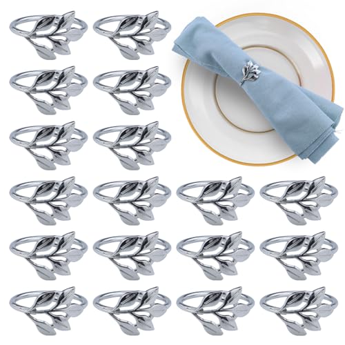 Lot de 18 ronds de serviette argentés avec 5 feuilles - Ronds de serviette pour fêtes, Thanksgiving, mariages