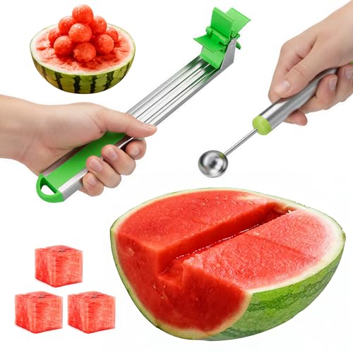Aisle 3 Essentials 2-In-1 Watermelon Cutter And Melon Baller Set – Stainless Steel Windmill Fruit Tool For Quick Cubes And Shapes – Safe Kitchen Gadget For Summer Snacks, Camping, And Home Essentials