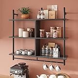 Bestier Kitchen Shelves Wall Mounted Floating Pipe Shelving 3 Tier 41.5' Coffee Bar Shelf with Holder, Wall Display Storage Rack Sundries for Kitchen Living Room, Charcoal Black