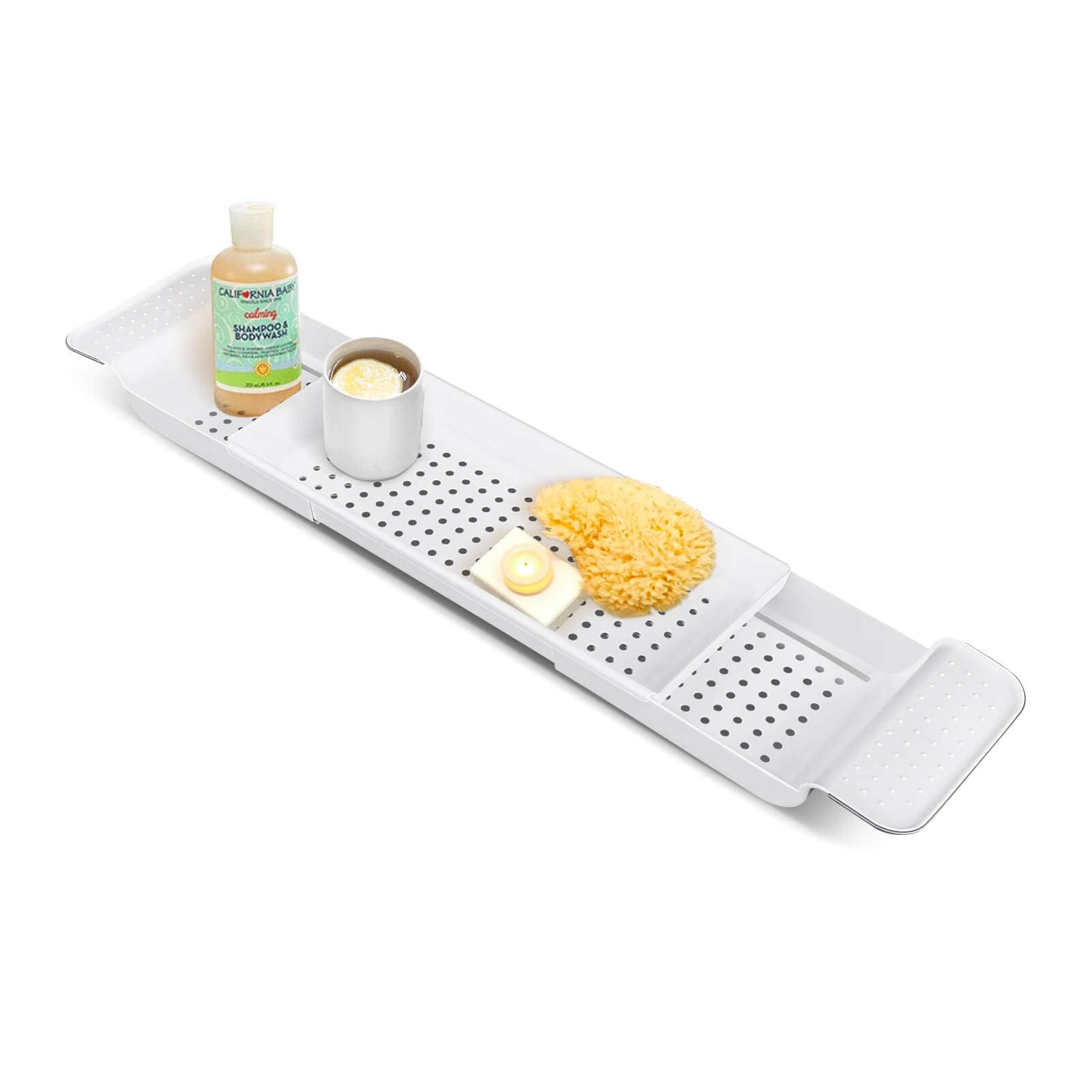 Adjustable Bathtub Caddy Tray – Extendable Bath Rack Shelf for Wine, Candles, Books, Tablets & Phones – Durable PP Bathroom Organizer for Relaxing Soaks (White)