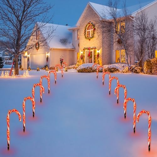 Christmas Candy Cane Lights - 16 inch Set of 12 Pcs Christmas Candy Cane Pathway Markers Lights Outdoor Walkway Lighting with Stakes for Yard Lawn Sidewalk Driveway 20 Feet