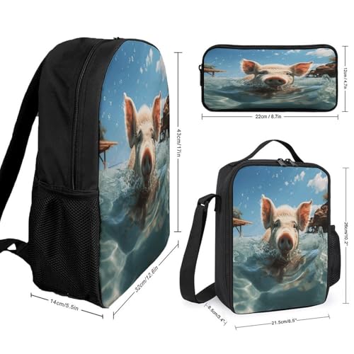 Printed Backpack With Lunch Pack Storage Box Case PigSwim Bathe 3pcs Lightweight Travel Backpack2