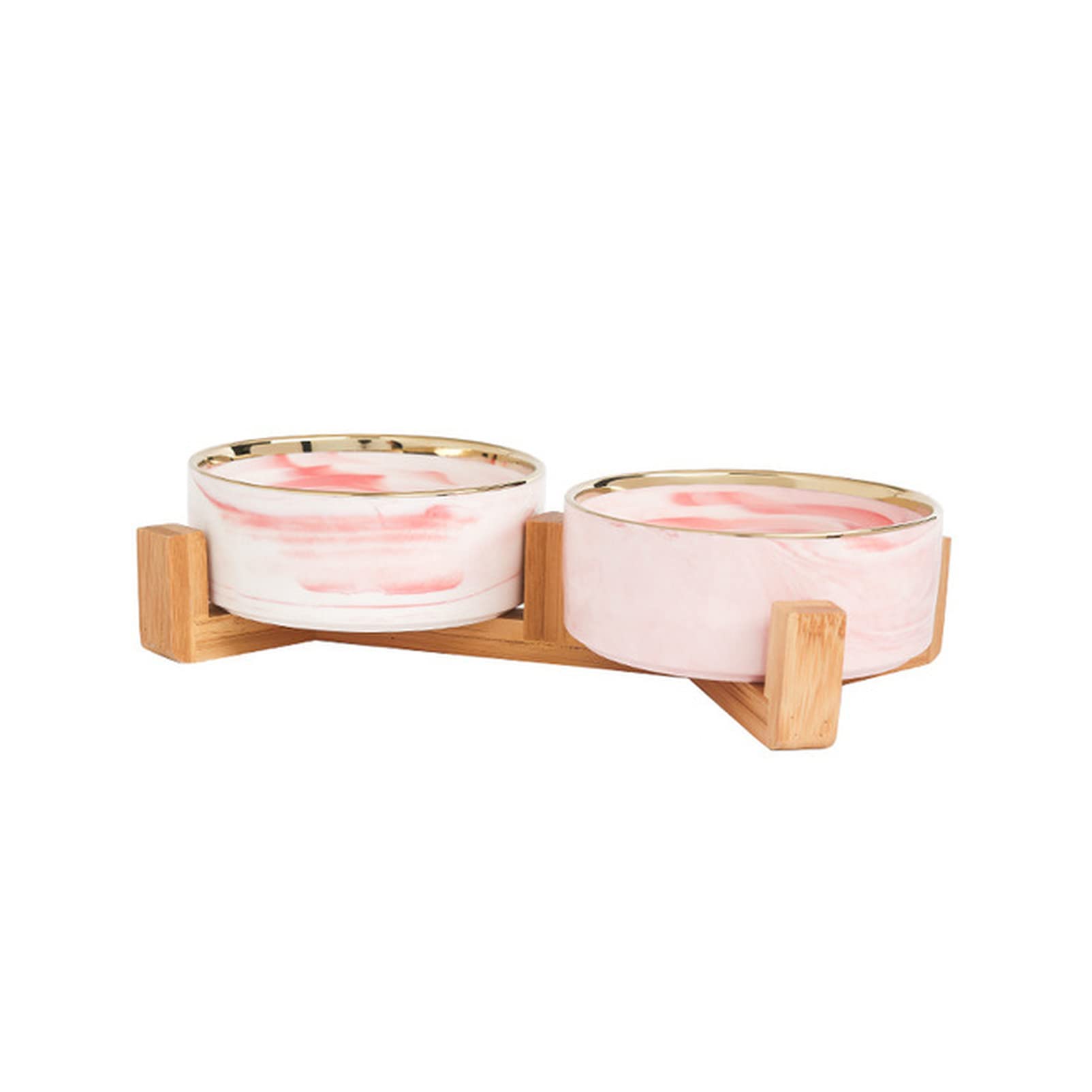 DUnLap Pet bowl Marble Ceramic Dog Bowl Cat Food and Water Bowls Dish with Wood Stand Pet for Big Flat Faced Cats Puppy Dogs Pet feeding bowls(Double Pink Gold,L - 850ML)
