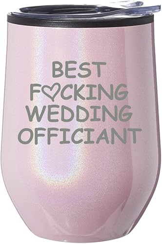 Vaso de vino sin tallo, taza de viaje de café con tapa, regalo para el mejor oficiante de boda divertido (purpurina rosa)