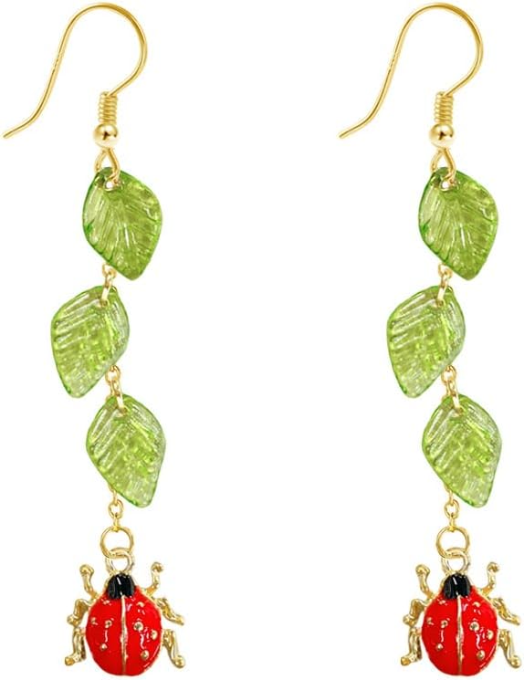 Green Leaf Ladybug Dangle Drop Earrings Vintage Gold Plated Acrylic Red Enamel Animal Long Tassel Dangling Lightweight Trendy Hypoallergenic Jewelry