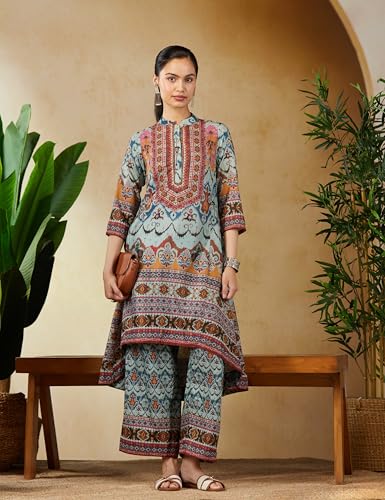 Image of BIBA Women Art Silk Floral Asymmetric Co-Ord Set Kurta Palazzo Suit Set