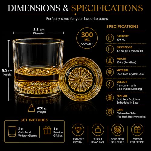 Image of Melbify Italian Petal Whiskey Glasses | Set of 2 | Premium Packing | Gift Box | Artistic | Designer | Elegant | Royal | Luxurious | High end Expensive Whiskey Glasses with Gold Plated Bottom | 300ml