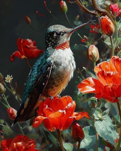 Kits de punto de cruz estampados, colibrí entre tulipanes rojos, kit de punto de aguja para manualidades, kits de iniciación para principiantes, regalos hechos a mano, 11 quilates, 3 hebras de 16 x 20