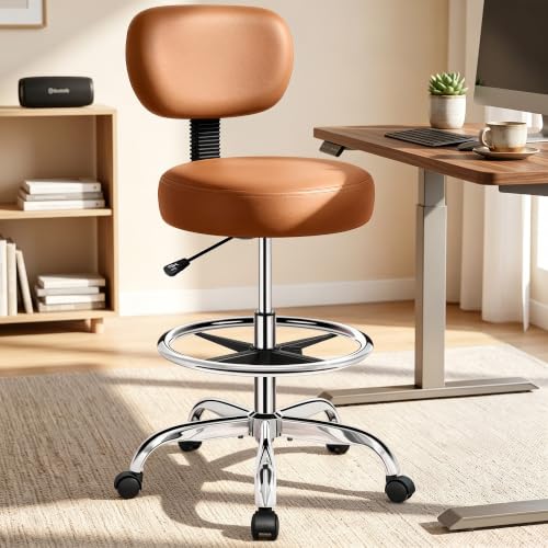Image of Brick Attic Drafting Chair with Backrest - Adjustable Foot Rest Rolling Stool with Wheels, PU Leather Swivel Stool for Office Spa Studio Lab Counter Salon Home Work Bar Kitchen Shop(Camel)