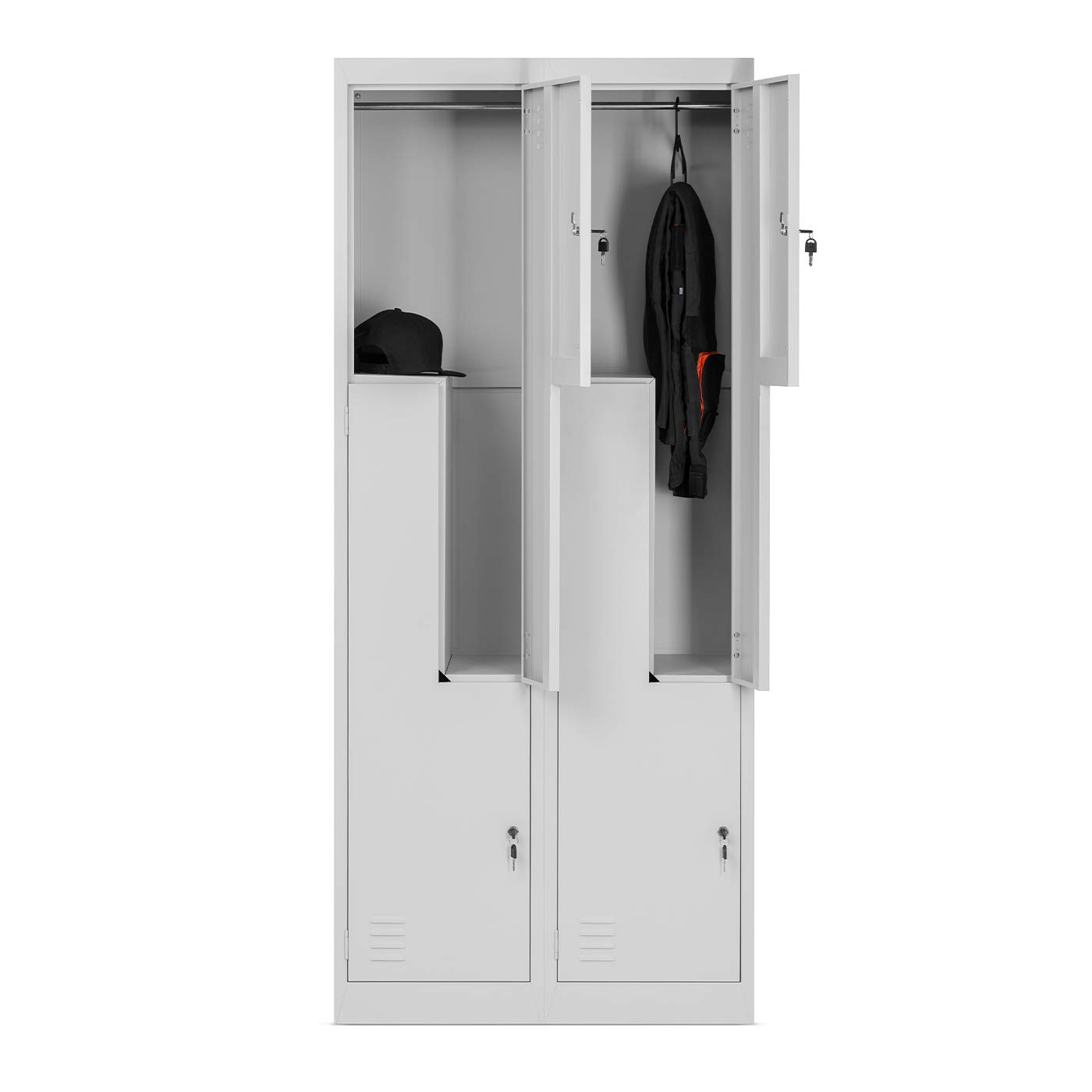 Domator Armoire vestiaire Z02 Casier Metallique avec 4 Compartiments Fentes d'aération Revêtement par Poudre 185 cm x 80 cm x 45 cm (Gris)