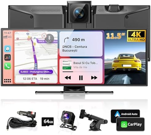 Largest 11.5" Portable Carplay Screen for Car, 4K Wireless Car Play & Android Auto, Upgrade Touchscreen with Dash Cam, App Control/Loop Recording/Backup Camera/Mirror Link/GPS/FM for All Vehicles