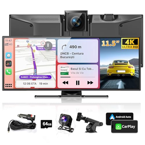 Largest 11.5" Portable Carplay Screen for Car, 4K Wireless Car Play & Android Auto, Upgrade Touchscreen with Dash Cam, App Control/Loop Recording/Backup Camera/Mirror Link/GPS/FM for All Vehicles