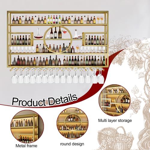 Image of 95in Wine Rack Wall Mounted, Large Capacity Hanging Wine Bottles Display Shelf with Glasses Holder, 4 Tier Industrial Bar Liquor Storage Shelves for Home Bar Kitchen,Living Room (Gold, 95in)