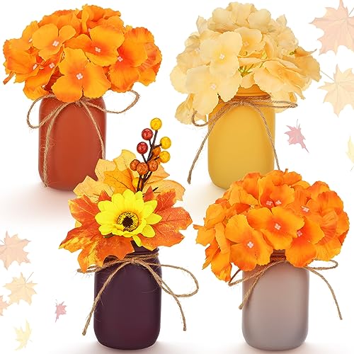 Bokon 4 Pcs Fall Mason Jar Centerpiece for Table Thanksgiving Farmhouse Mason Jar Decor Rustic Decorative Mason Jars Tiered Tray Table Decor Settings for Home Room Kitchen (Not Include Flower)