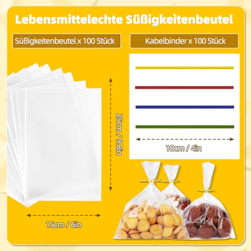 100 Stück Groß Cellophantüten 25x15 cm, Durchsichtige Zellophantüten mit 100 Bunte Krawatten – Brotbeutel Geschenkbeutel für Brötchen, Süßigkeiten, Kekse - Hochzeit Geburtstag Weihnachten Party