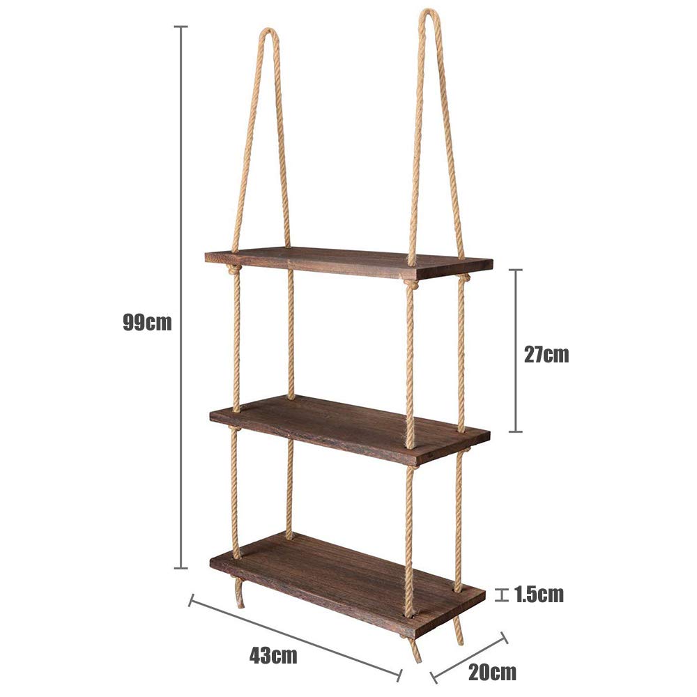 Amazon｜ウォールシェルフ 3段 ウォールラック 木製 ロープ棚 壁 吊り
