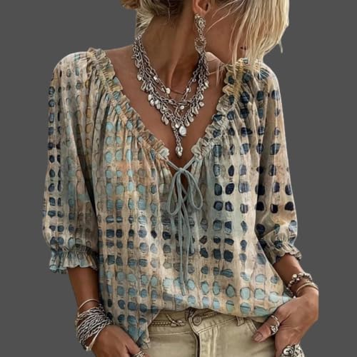 Womens Polka Dot Lace up Blouses 3/4 Sleeve V Neck Peasant Top Summer - 1