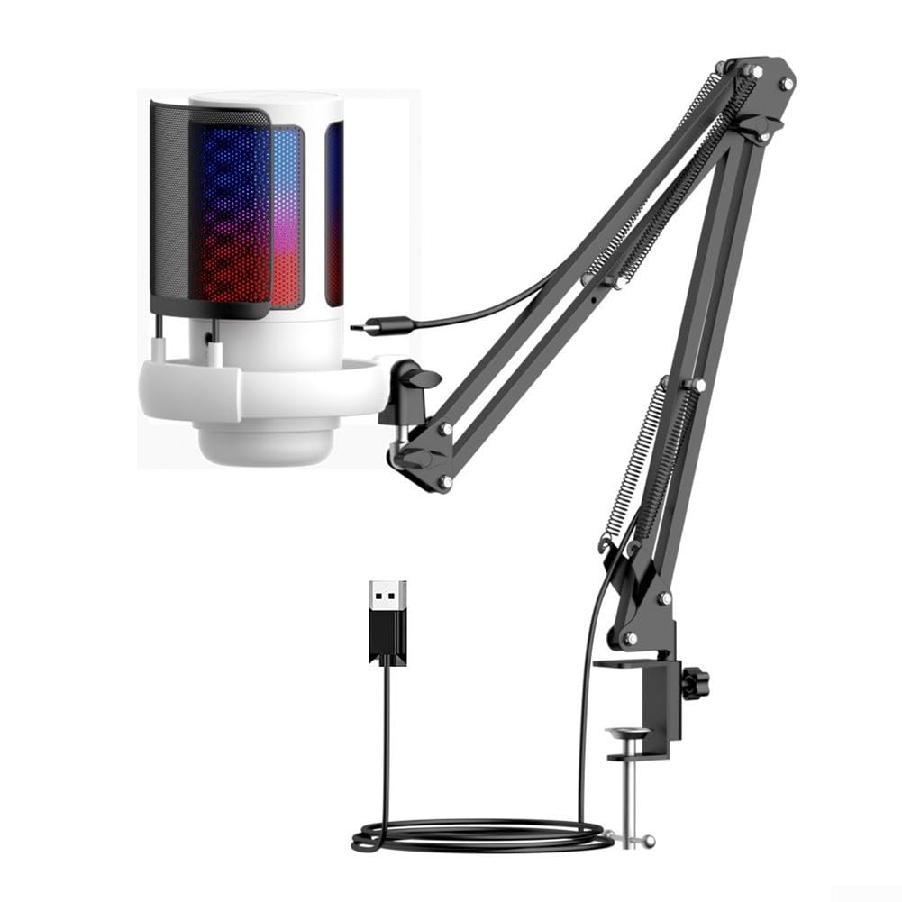 Microphone USB avec technologie de suppression du bruit et motif directionnel cardioïde offrant un gain réglable et RVB pour les jeux et l'enregistrement vocal (rose)