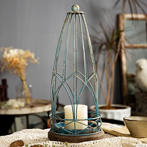 Ho+Me Farmhouse Large Lanterns Decorative Outdoor Tall 18 Inch, Rustic Teal Hurricane Candle Holders For Pillar Candles, Shabby Chic Turquoise Wedding Decor Indoor Fireplace #TOP6