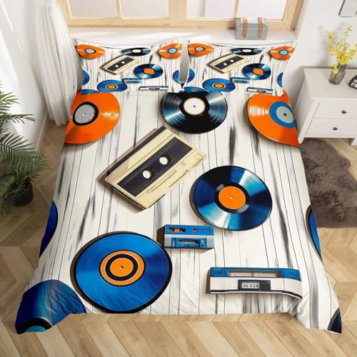 Vinyl Record Cassette Super King Duvet Cover Set Retro Music Bedding Double Bed Set 3D Print Soft Comfort Microfiber Quilt Cover 220x260 cm with Zipper Closure and 2 Pillowcases t.1865