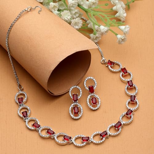 Image of ZENEME Rhodium-Plated American Diamond Studded Disc-Shaped Necklace With Earrings Jewellery Set For Girls and Women