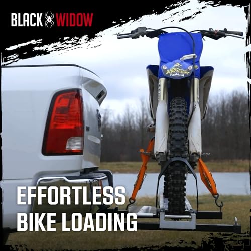 Image of Black Widow Motorcycle Hitch Carrier with Wheel Chock & Ramp, 400 lb Capacity Anti-Rattle - Lightweight Aluminum Dirt Bike Transport Platform with Secure Mounting - Fits 2 inch Receiver