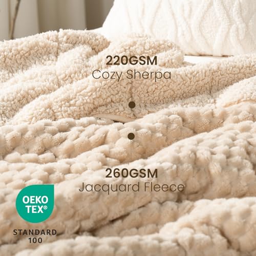 Image of Drewin 20lbs Weighted Blanket Queen Size, Double-Sided Cozy Fluffy Jacquard Sherpa Weighted Blanket, Soft Adult Weighted Blankets for Couch Bed, Ceramic Beads, 60 x 80 inches, Beige