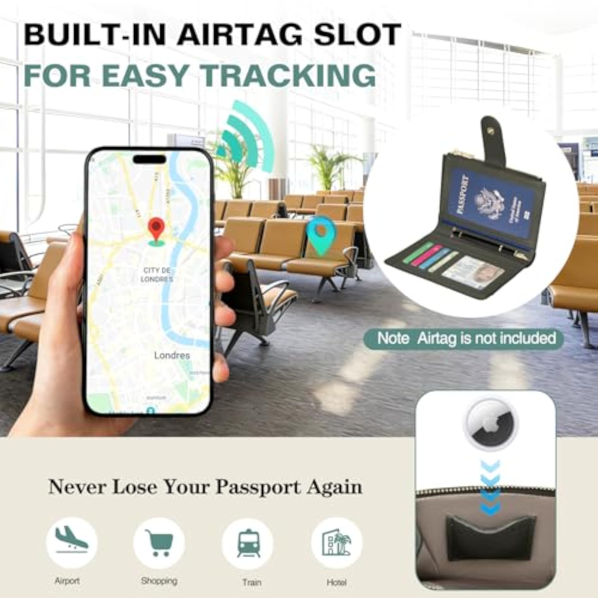 Leather Passport Wallet with AirTag Slot, RFID Blocking