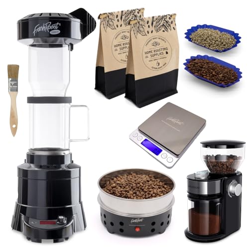 Ultimate Home Coffee Roasting Starter Kit, Fresh Roast SR800, Glass EXT Tube, Bean Cooler, Burr Grinder, Green Bean Sample Pack (2lbs), Sample Trays (2)