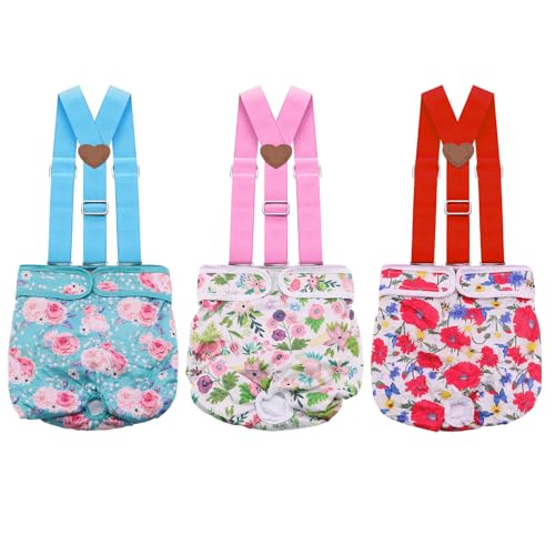 3 Pack Washable Female Dog Diaper with Suspender,Reusable Fixed Doggie Diapers Super Absorbent Leakproof for Small Medium Large Dog in Heat Cycle-S