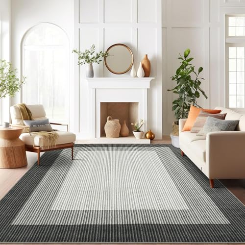 GarveeHome Area Rugs 9x12 for Living Room, Modern Bordered Machine Washable Rug Large Soft Carpet Bedroom Non Slip Stain Resistant Neutral Solid Carpet Border 9x12 Area Rug for Farmhouse Grey