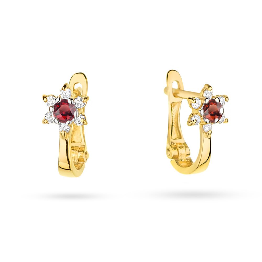 Kinder Ohrringe 333 Gelbgold (8K) Blume mit Rotem Zirkonia – Mädchen Ohrringe mit englischem Verschluss 10 mm, filigraner Schmuck Geschenk zur Kommunion & Taufe
