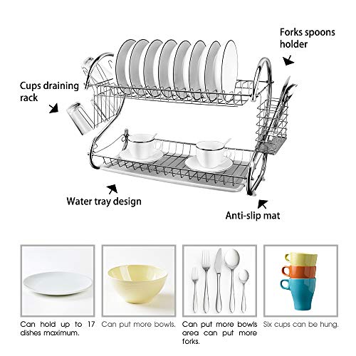 2-Tier Dish Drying Rack Chrome Plated with Drain Board Dish Drying Rack Storage Organizer with Utensil Cutlery Holder Cleaning Cloth for Kitchen Countertop - Thumbnail 3