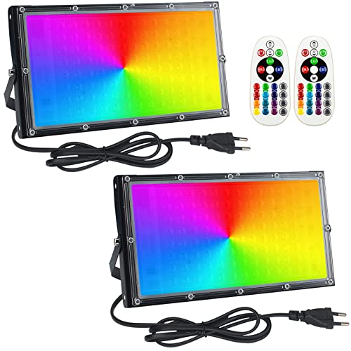 Eleganted 2pcs 100W Faretto Esterno rgb con Telecomando, IP65 Halloween decorazione di atmosfera Faretto LED, 16 Colori & 4 modalità Cambia Colore luci di sicurezza per Giardino Festa Musicale