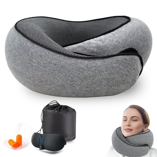 Travel Neck Pillow for Airplane, Adults Memory Foam Travel Neck Pillows, Ergonomic 360° Support Adjustable Velcro Neck Pillow for Airplanes Office Car, Compact Portable Adults Turtle Pillows (Grey)