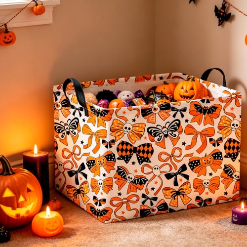 Image of CLOCOR Rectangular Storage Basket,Collapsible Cute Pattern Storage Bin,Waterproof Books Box with Handles,Gift Basket(Halloween Bowknot)