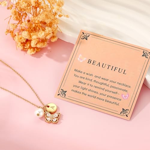 Butterfly Pearl Initial Necklace for Girls,14K Gold Plated Letter Butterfly Pendant Dainty Jewelry Birthday Christmas Gifts for Girls Daughter Best Friend4