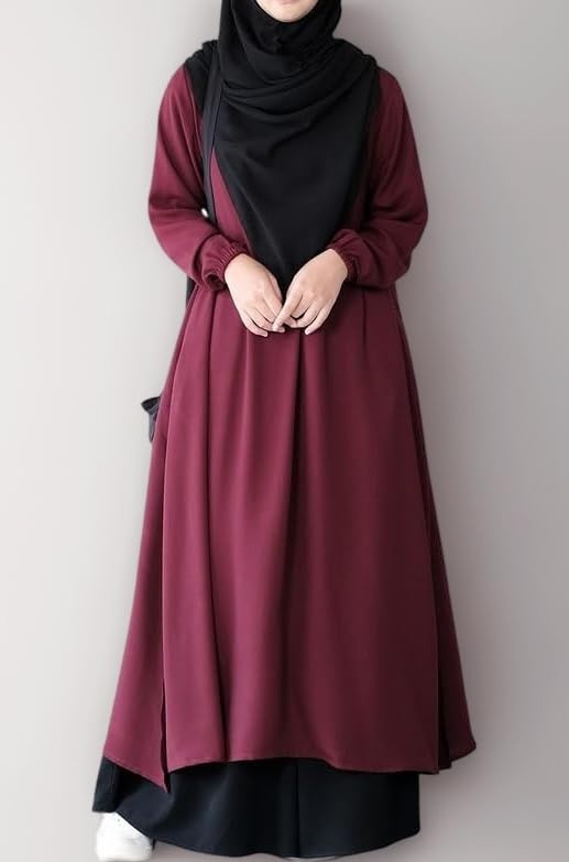 Two Pieces Abaya Dress with Elasticated Sleeves made with Nida Matte Fabric - Knee length Burqa for Women and Girls