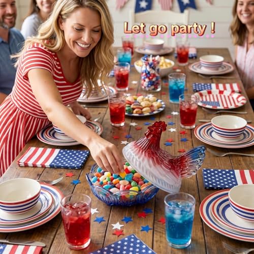 6.9" AIMINTSEN Glass Hen on Nest Candy Dish w/ Lid (Red/White/Blue) - image 2