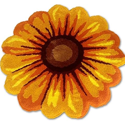 Yellow Sunflower Rug, Non-Slip Handmade Sunflower Carpet Washable Flower Shape Floor Mat Large Round Sunflower Bedroom Rug for Kitchen Bathroom Bedroom Living Room(20×20 Inch) Cover