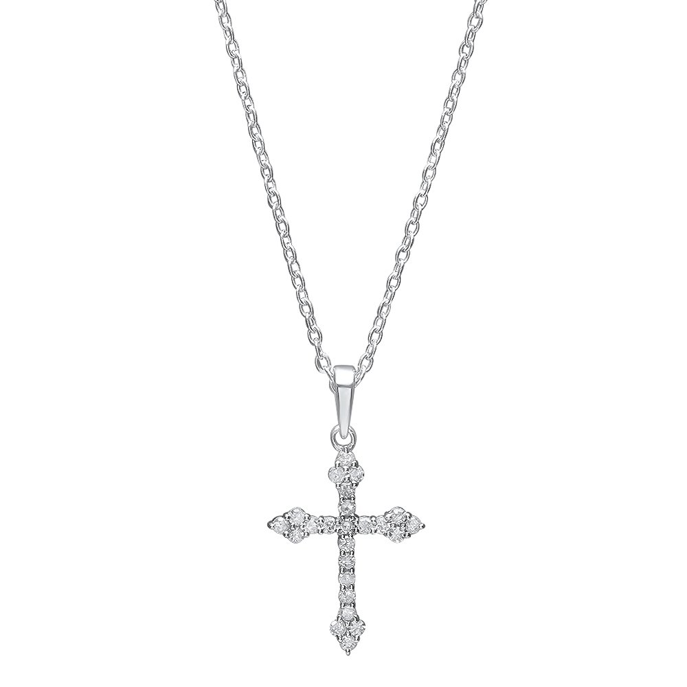 Dazzlingrock CollectionRound White Diamond Halo Cluster 3 Stone Bezel Set Eye Shaped Miligrain Cross Pendant for Women with 18 inch Silver Chain (Color I-J, Clarity I2-I3) in 925 Sterling Silver