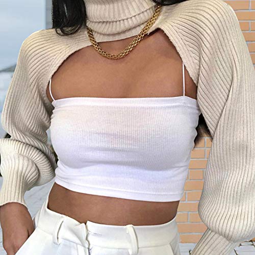 ACOSAP High Collar Long Puff Sleeve Sweater Knitwear Solid Color Pullover Crop Top Ultra Short Turtleneck Sweatshirt3
