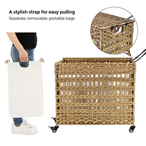 Songmics Laundry Hamper With Wheels & 3 Removable Liner Bags, 140L Synthetic Rattan Laundry Basket With Lid, Clothes Hamper With Handles, 3-Section Hampers, Laundry Room, Natural Ulcb083N01 #TOP2