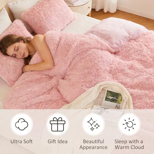 Image of EMME Luxury Fuzzy Duvet Cover Set King Size Fluffy Comforter Cover Set for King Bed Shaggy and Plush Soft Bedding Duvet Covers (Pink, King)