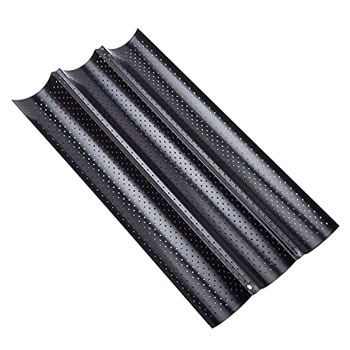 Dilpeak Molde pan Baguette, Bandejas Horno con Revestimiento Antiadherente para 3 Baguette, Accesorios para Hornear Pan de Acero Inoxidable Molde para Pan (38x24.5x2.4cm negro)