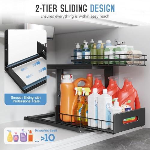 Image of Under Sink Organizer Upgrade To Professional Rails,2-Tier Dual Pull Out Cabinet Storage,Height Adjustable Slide Out Drawers For Bathroom Kitchen,2 Pack-16.7 inchDx12.8 inch-16.9 inchH,Black