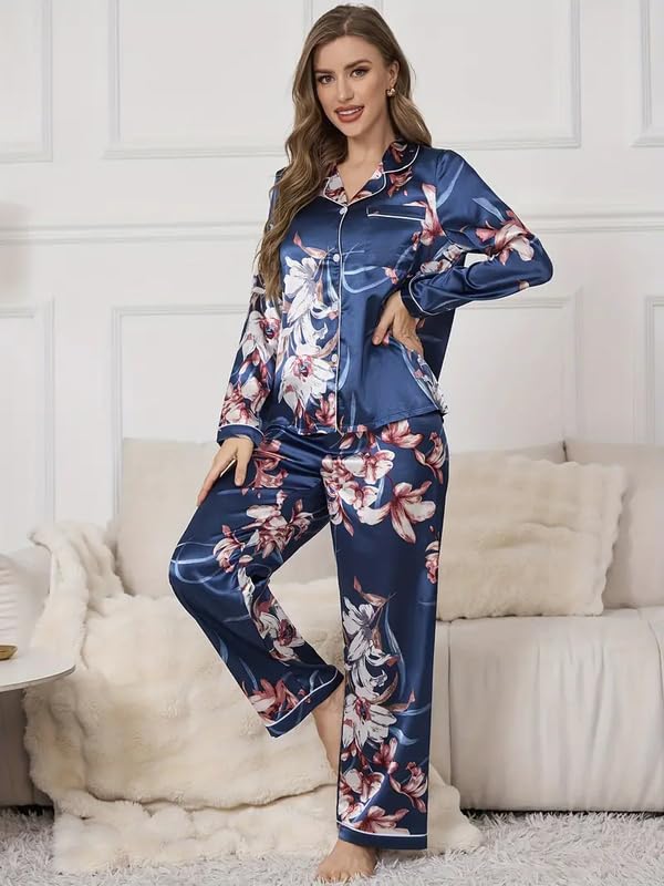 Image of Night Suit for Women with Full Sleeve Button-Down Top with Pant Dress for Woman, Night Dress for Woman, Cotton Two-Piece Loungewear Set