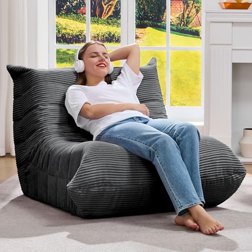 Image of Hobestluk Adults Bean Bag Chair Faux Fur BeanBag Couch for Living Room | Grey Corduroy,Ergonomic Design,Memory Foam,UltraSoft,Anti-slip Bottom,No Assembly Required,Decorative Style for Living Room
