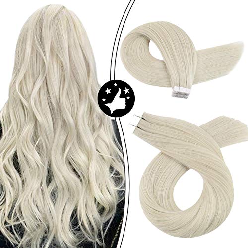 Moresoo Tape in Hair Extensions Human Hair White Blonde Hair Extensions #1000 18inch Blonde Hair Tape in Extensions 20Pieces/50Gram Remy Hair Extensions Tape in Real Blonde Natural Hair